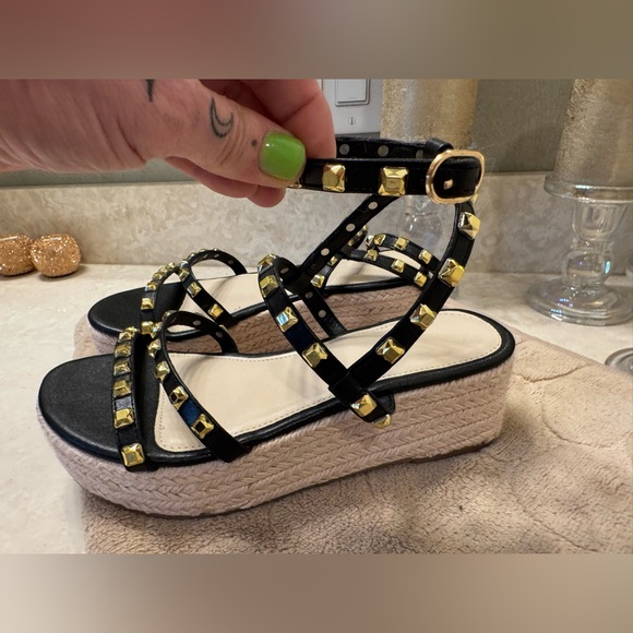 Rockstar gold stud gladiator platform  black espadrille punk goddess size 6 - Picture 13 of 15